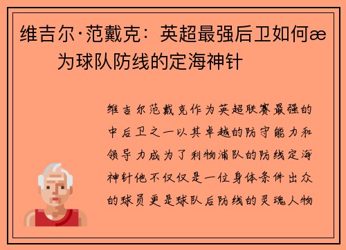 维吉尔·范戴克：英超最强后卫如何成为球队防线的定海神针