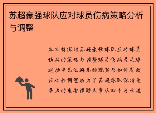 苏超豪强球队应对球员伤病策略分析与调整